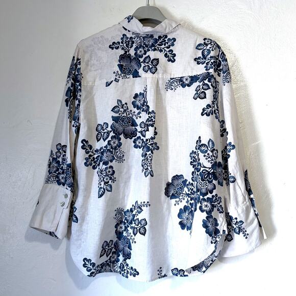 CHICO'S 100% Linen Watercolor Floral Print Button Front Shirt Size 14/L - Picture 3 of 14